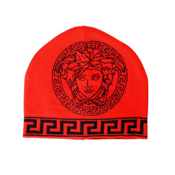 Versace Unisex Red & Navy Logo Tape 100% Wool Knitted Beanie Hat One Size